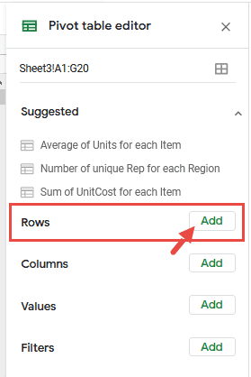 Click on Add Rows in Pivot Table Editor